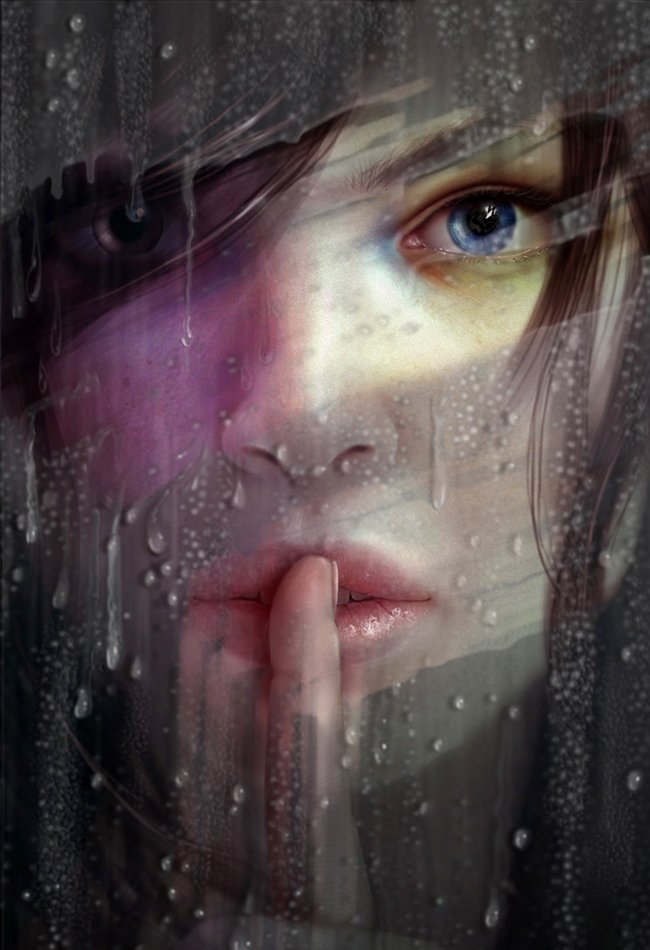 A close-up of a woman's face, partly obscured by raindrops on glass, features a captivating expression with one finger pressed to her lips, conveying a sense of mystery and quiet.
