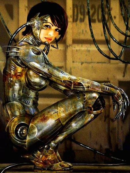 A gothic, dark sci-fi scene features a woman in a sleek, metallic exosuit, crouching amidst tangled wires, embodying a striking blend of technology and artistry.