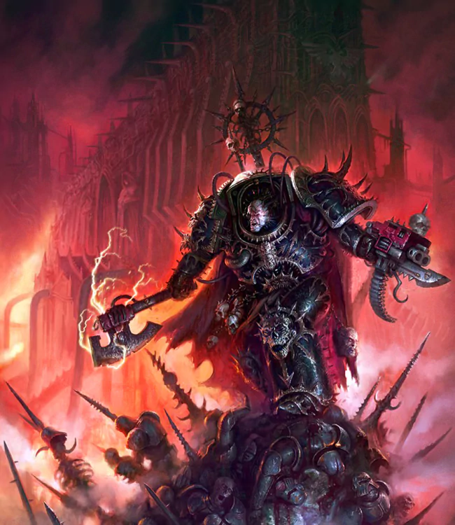 A powerful figure from Warhammer Inquisition stands amidst a fiery landscape, wielding an imposing weapon, surrounded by ominous spikes and a dark, Gothic architecture backdrop.