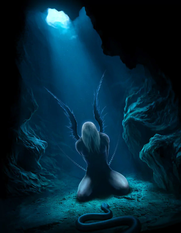 A dark fantasy scene depicting a figure with wings kneeling in a cavern, illuminated by a beam of light above, surrounded by eerie shadows and a serpent coiled at the base.