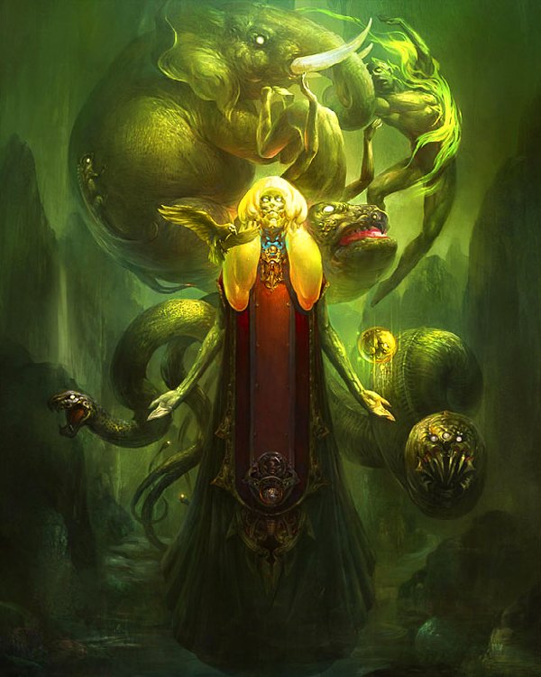 A powerful figure stands at the center, commanding ominous creatures from fantasy lore, embodying the theme of dominance in an epic war setting.