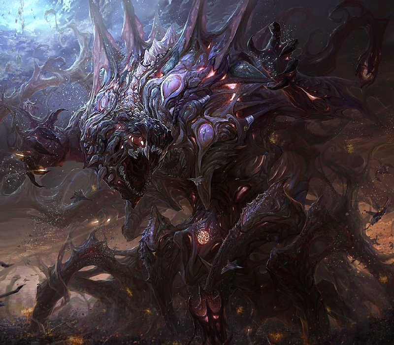 A monstrous creature emerges from a dark, swirling landscape, embodying the chaos of fantasy and the intensity of dominance wars, with intricate details and a formidable presence.