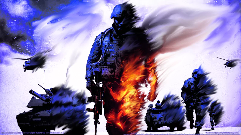Image for the video game Battlefield: Bad Company 2 — battlefield scene with soldiers, tanks and helicopters; a central soldier split between icy blue and fiery orange.