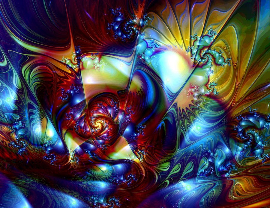Abstract fractal artwork created with Apophysis software, featuring vibrant swirling patterns in rich blues, reds, and yellows with intricate, flowing details.