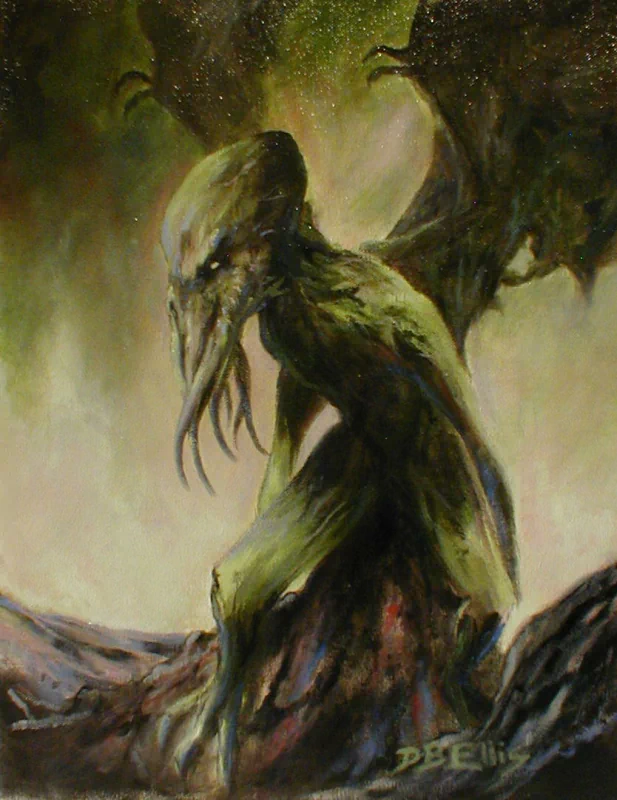 Dark, winged monster creature with a tentacled visage looming over a ruined, gothic wedding scene.