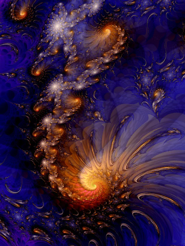 Abstract digital fractal art created with Apophysis software, featuring vibrant swirling patterns in deep blue, orange, and gold tones.