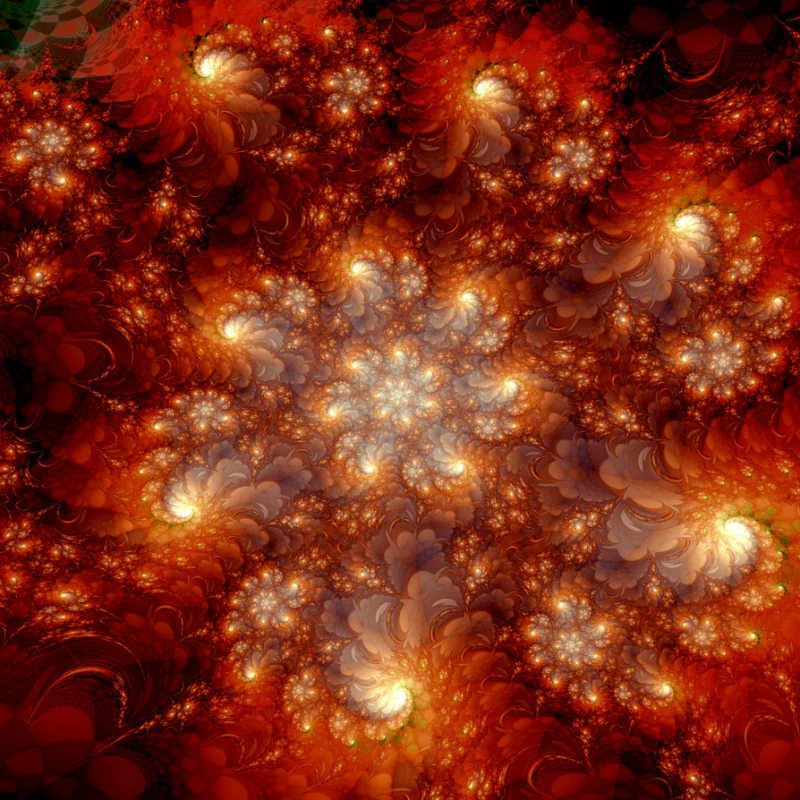 Abstract fractal pattern with fiery red and orange hues, created using Apophysis software, featuring intricate swirling shapes radiating from a central point.