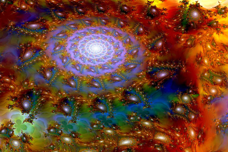 Abstract digital fractal art created with Apophysis software, featuring vibrant swirling patterns and a glowing central spiral in a rich blend of colors.