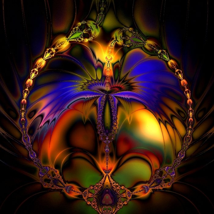 Abstract digital artwork created with Apophysis software, featuring vibrant swirling patterns in rich blues, oranges, and yellows with intricate, fractal-like details.