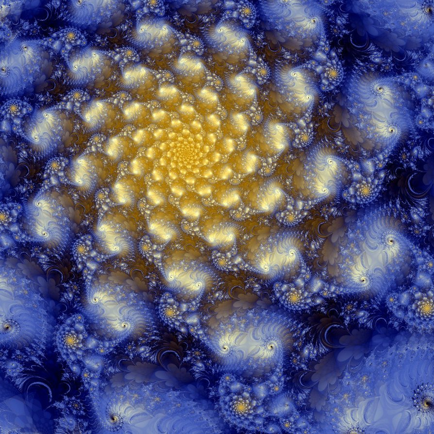 Abstract fractal spiral in blue and gold tones created using Apophysis software, featuring intricate, glowing patterns that evoke depth and complexity.