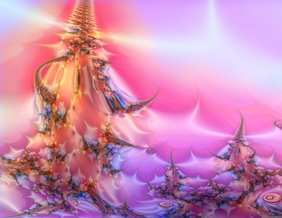 Abstract fractal art created with Apophysis software, featuring vibrant pink, purple, and orange hues with intricate, spiky formations against a soft gradient background.