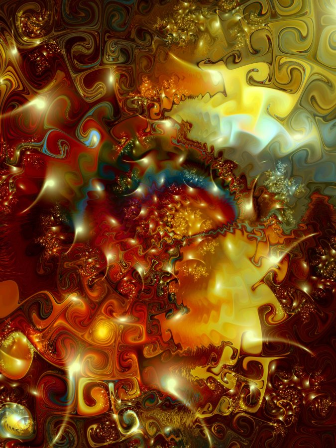 Abstract fractal art with swirling patterns and vibrant golden, red, and amber hues, created using Apophysis software.