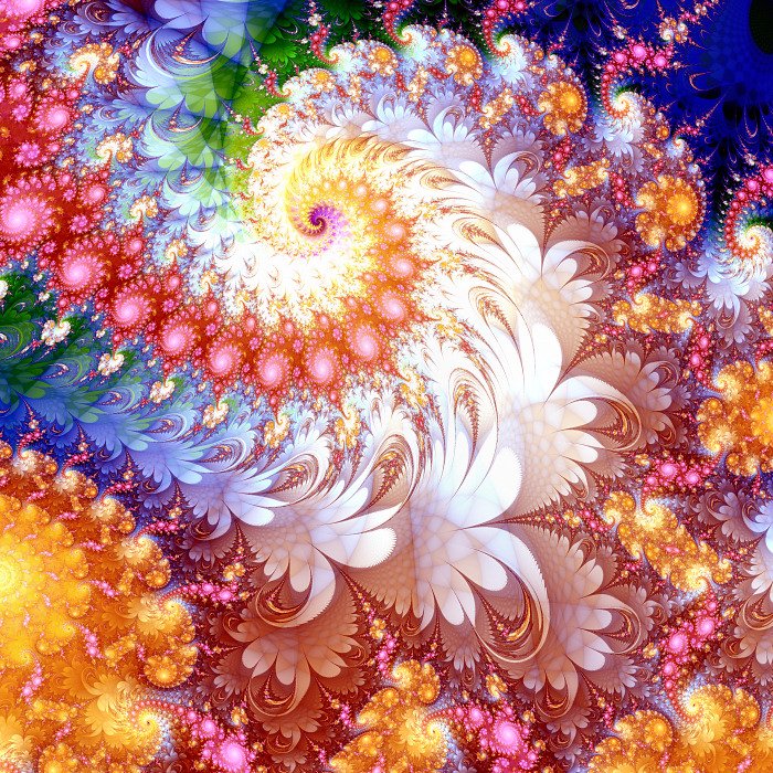 Vibrant abstract fractal spiral with intricate floral patterns, created using Apophysis software, showcasing a dynamic blend of colorful, swirling shapes and textures.