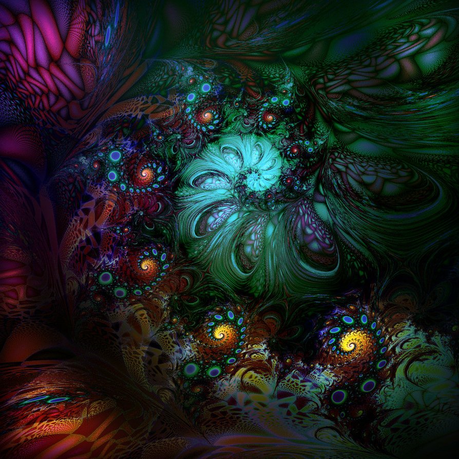Abstract fractal design with swirling, intricate patterns in green, teal, and purple hues created using Apophysis software.