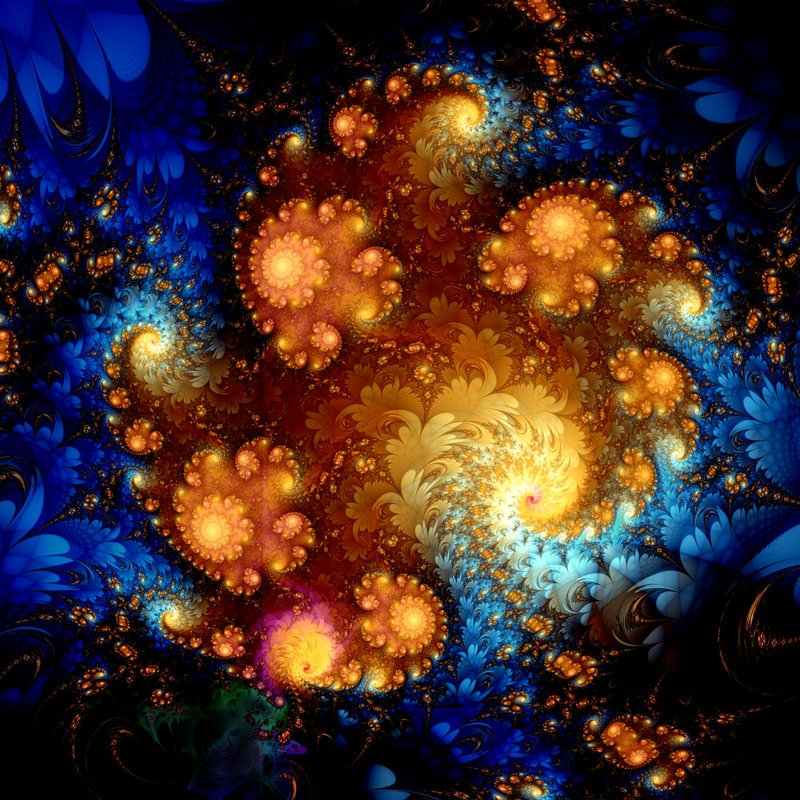 Abstract fractal design with swirling golden and blue patterns created using Apophysis software, showcasing intricate, luminous spiral motifs against a dark background.