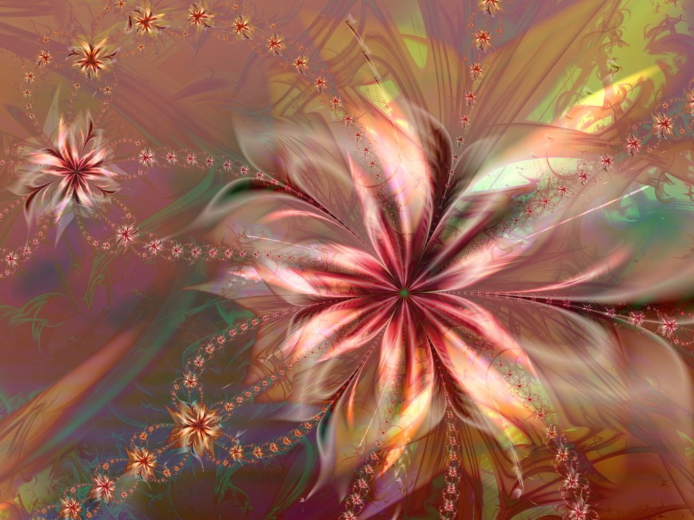 Abstract fractal floral design created with Apophysis software, featuring swirling petals and intricate patterns in warm, earthy tones.