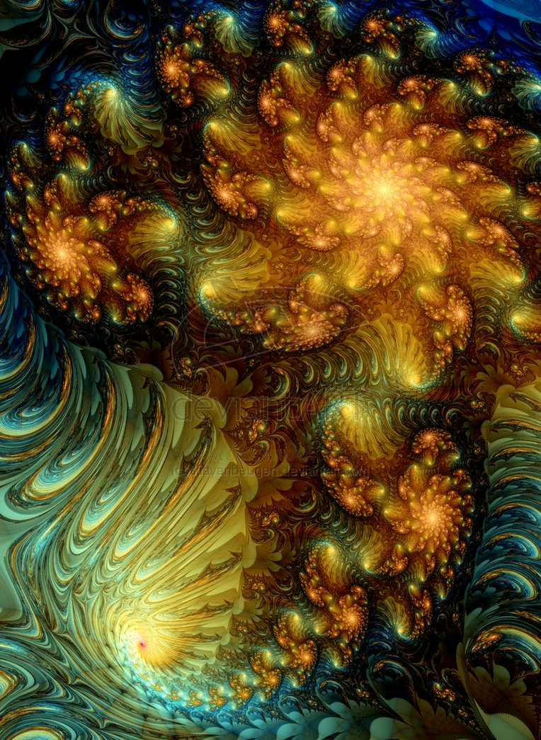 Abstract fractal design created with Apophysis software, featuring swirling patterns in gold, teal, and dark blue hues forming intricate, glowing spiral clusters.