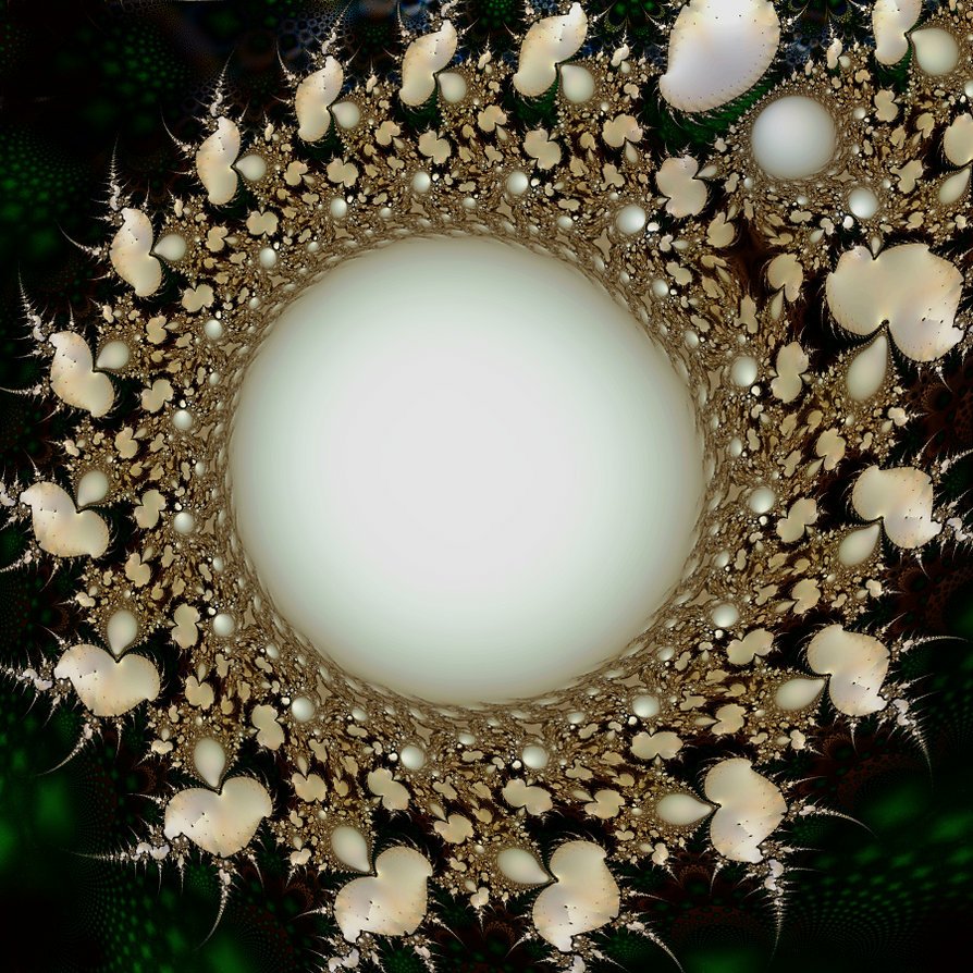 An abstract composition created using Apophysis software, featuring a circular pattern with intricate swirls and a gradient central area surrounded by detailed, organic shapes.