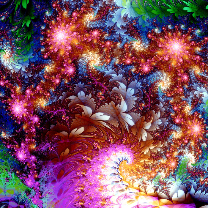 Vibrant abstract fractal artwork created with Apophysis software, featuring swirling patterns and bright, intricate floral-like designs in a dynamic composition.