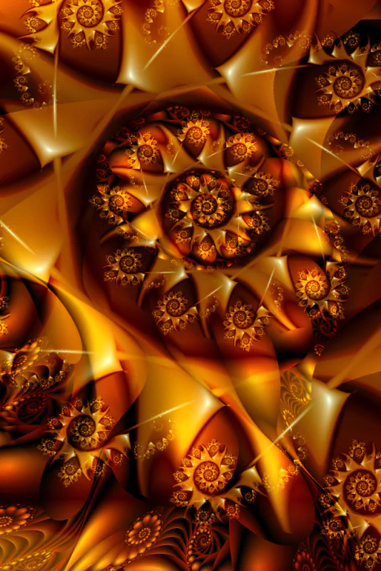Abstract fractal spiral with warm golden and brown tones, created using Apophysis software, showcasing intricate swirling patterns and layered geometric shapes.