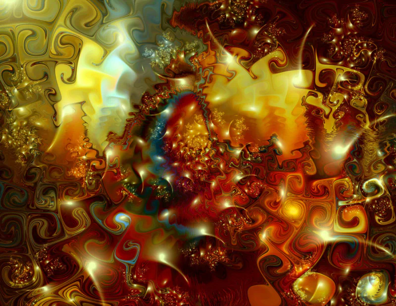 Abstract fractal artwork created with Apophysis software, featuring swirling patterns and vibrant colors in shades of gold, amber, and deep red.