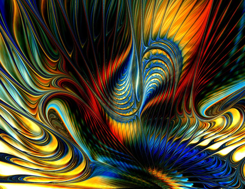 Abstract digital artwork created with Apophysis software, featuring vibrant, flowing patterns in blue, yellow, and orange tones that evoke a dynamic, swirling motion.