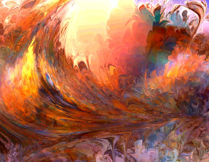 Abstract digital artwork created with Apophysis software, featuring swirling fiery orange and purple hues blending into a dynamic, fluid composition.