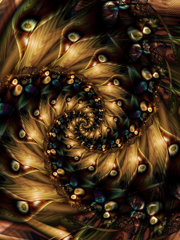 Abstract fractal art created with Apophysis software, featuring a spiral pattern with rich brown and gold tones and intricate feather-like textures.