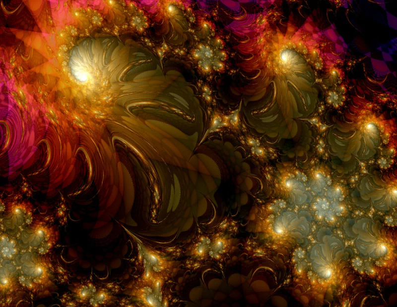 Abstract digital artwork created with Apophysis software, featuring swirling, fractal patterns in warm tones of gold, orange, and deep purple.