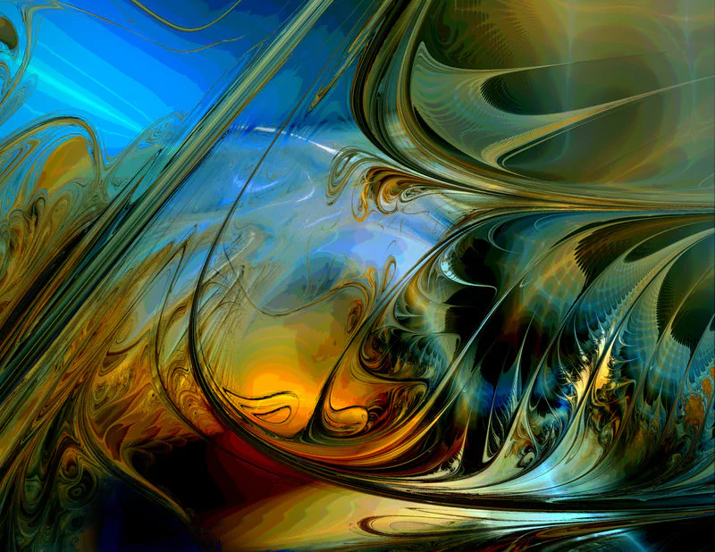 Abstract digital art created with Apophysis software, featuring dynamic swirling shapes in vibrant blue, green, and orange hues with fluid, flowing textures.