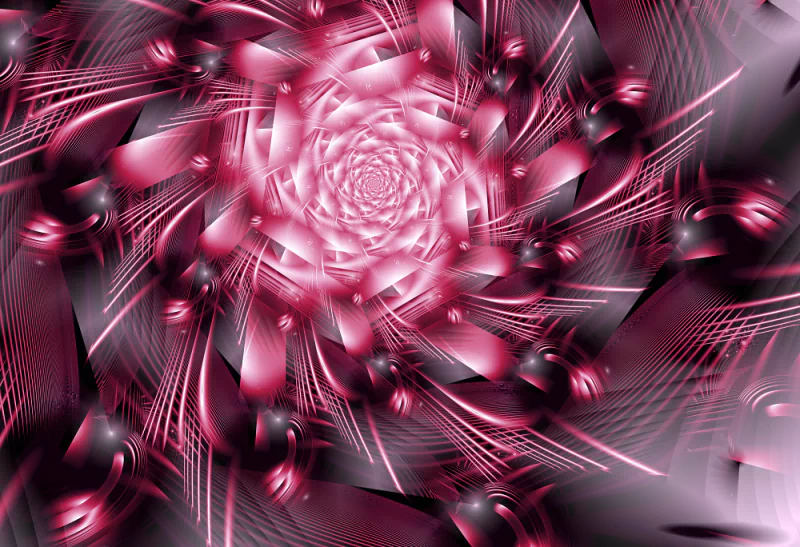 Abstract digital artwork featuring intricate, swirling patterns in shades of pink and black, created using Apophysis software.