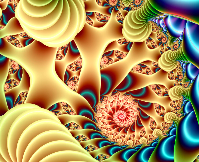 Abstract fractal design featuring intricate spirals and vibrant colors, created using Apophysis software.
