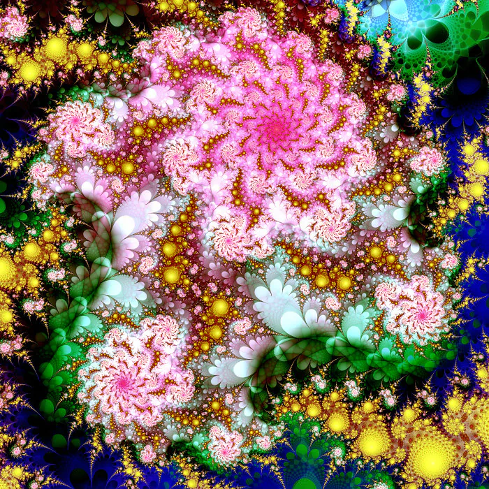 Vibrant abstract fractal artwork featuring intricate, swirling floral patterns in pink, green, yellow, and blue hues, created using Apophysis software.