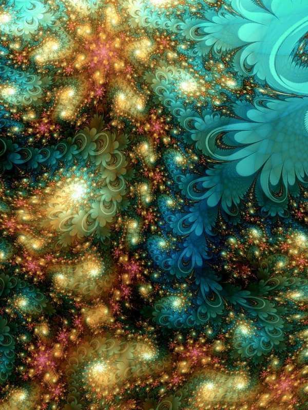 Abstract fractal design created with Apophysis software, featuring swirling turquoise and gold patterns that resemble intricate, glowing floral shapes.