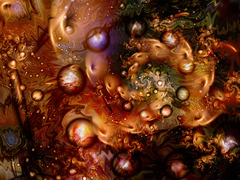 Abstract image created using Apophysis, featuring swirling patterns and vibrant colors, with spherical forms that evoke a sense of depth and movement.