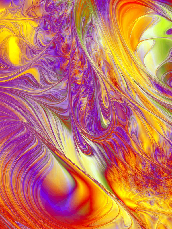 Vibrant abstract artwork created with Apophysis software, featuring swirling patterns in shades of purple, orange, and yellow that evoke a sense of movement and fluidity.