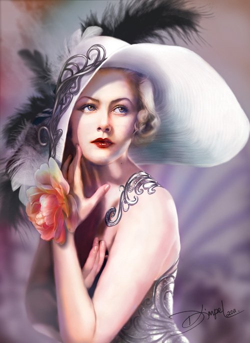 A fantasy portrait of a glamorous woman in a large hat adorned with feathers and flowers, exuding elegance and charm in a dreamy setting.