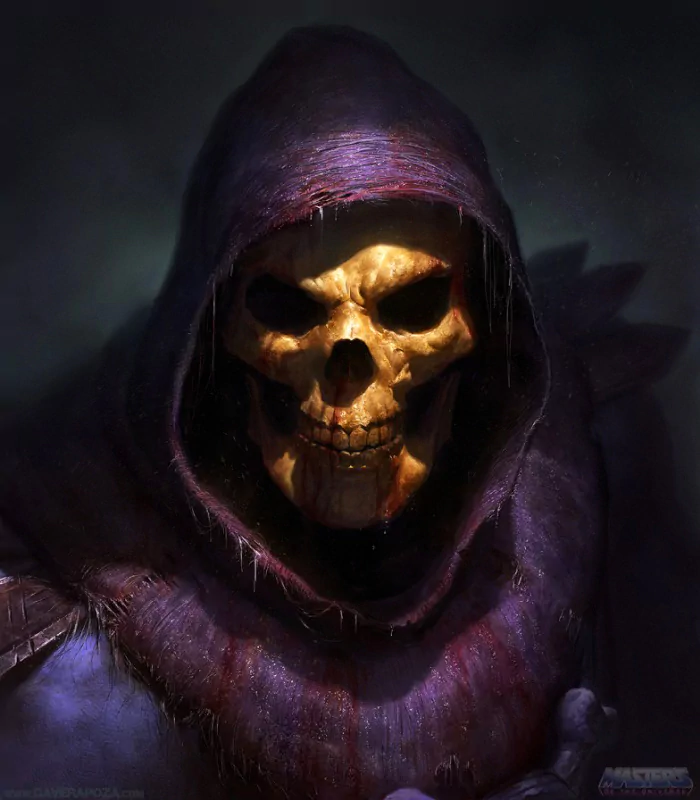 A dark, fantasy figure cloaked in shadows, revealing a menacing skull face. The eerie atmosphere deepens with hints of an ominous presence lurking behind the hood.
