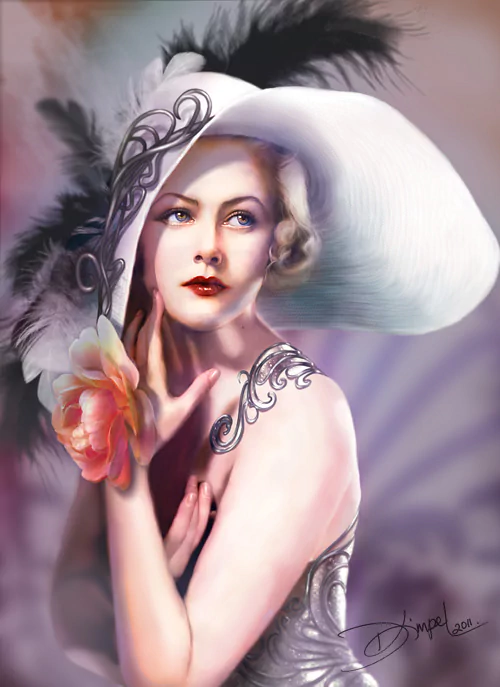 A fantasy portrait of a glamorous woman in a large hat adorned with feathers and flowers, exuding elegance and charm in a dreamy setting.