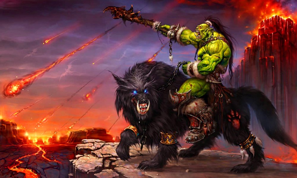 An orc warrior wields a weapon atop a fierce black wolf, set against a dramatic volcanic landscape with falling meteorites, capturing the intense spirit of the Warcraft video game universe.