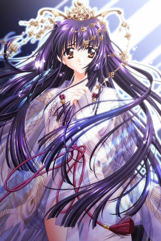 Anime-style illustration of a woman with long flowing purple hair, adorned in an ornate outfit and decorative headpiece, set against a glowing, ethereal background.