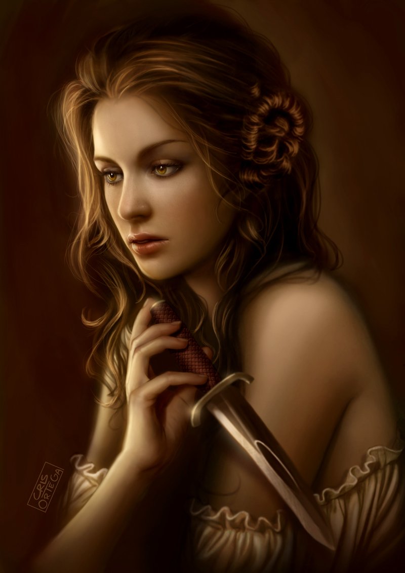 A fantasy depiction of a woman with long, flowing hair, holding a dagger thoughtfully, showcasing an expression of strength and introspection.