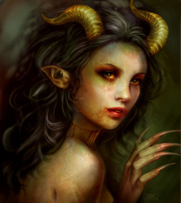 A dark fantasy portrait of a horned figure with textured skin, captivating eyes, and a mysterious expression, set against an ethereal background.