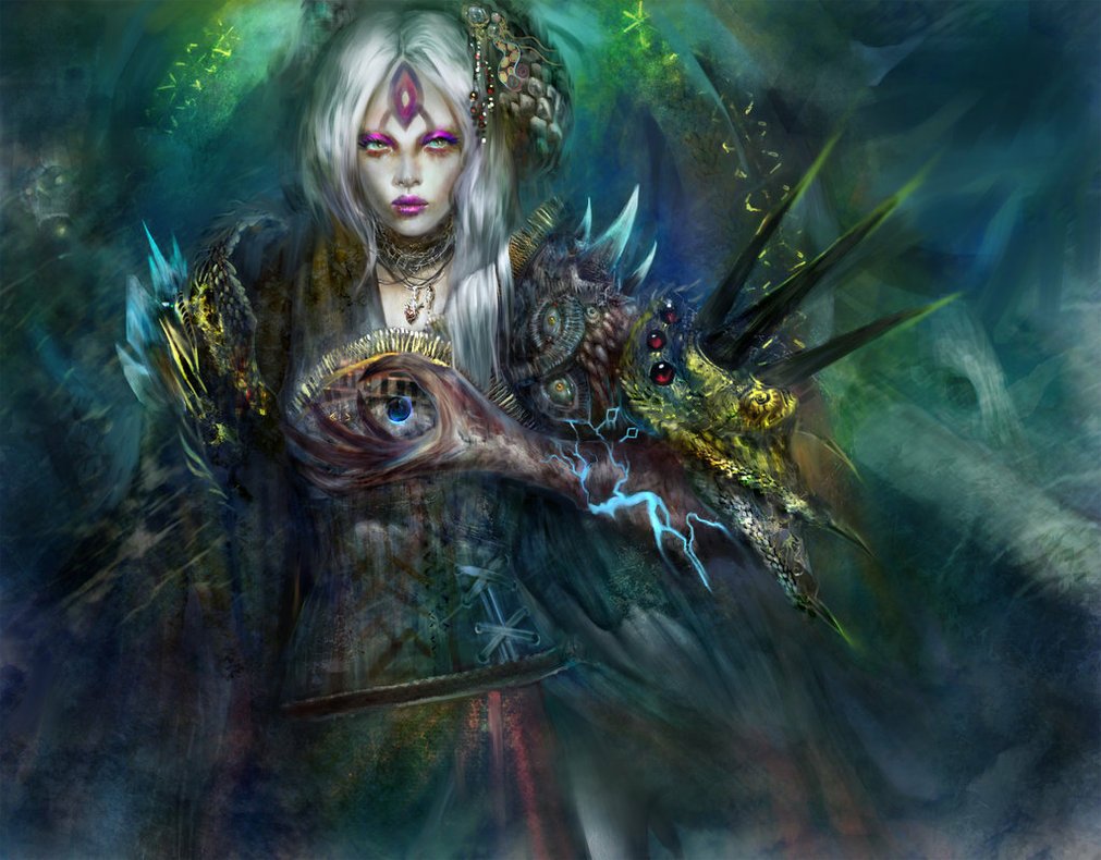 A captivating fantasy scene featuring a powerful figure with striking features, adorned in intricate armor, exuding an aura of magic and mystery amidst a vibrant, swirling background.