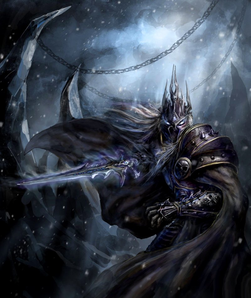 A dark and powerful figure in elaborate armor wields a glowing sword, set against a cold, icy backdrop in this striking artwork inspired by the Warcraft video game.