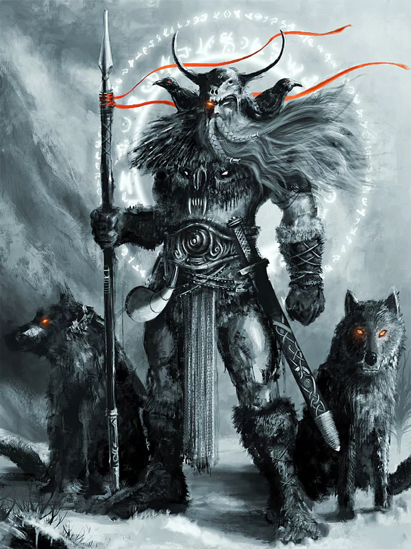 A fierce Norse warrior stands with a spear, flanked by two glowing-eyed wolves, embodying a powerful fantasy aesthetic with dramatic contrasts of light and shadow.