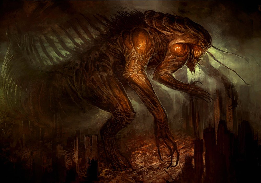 A massive, menacing demon stands over a desolate landscape, its skeletal structure and glowing orange eyes creating a chilling atmosphere in this dark fantasy scene.