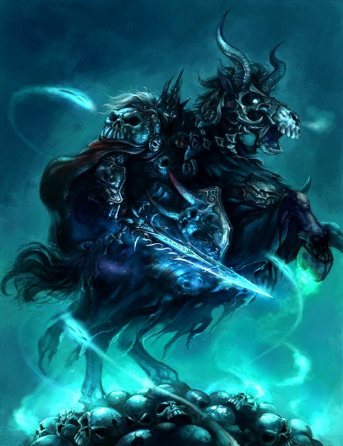 A dark, ominous figure rides a skeletal horse, adorned in armor and holding a glowing sword. This striking artwork draws inspiration from the Warcraft video game universe.