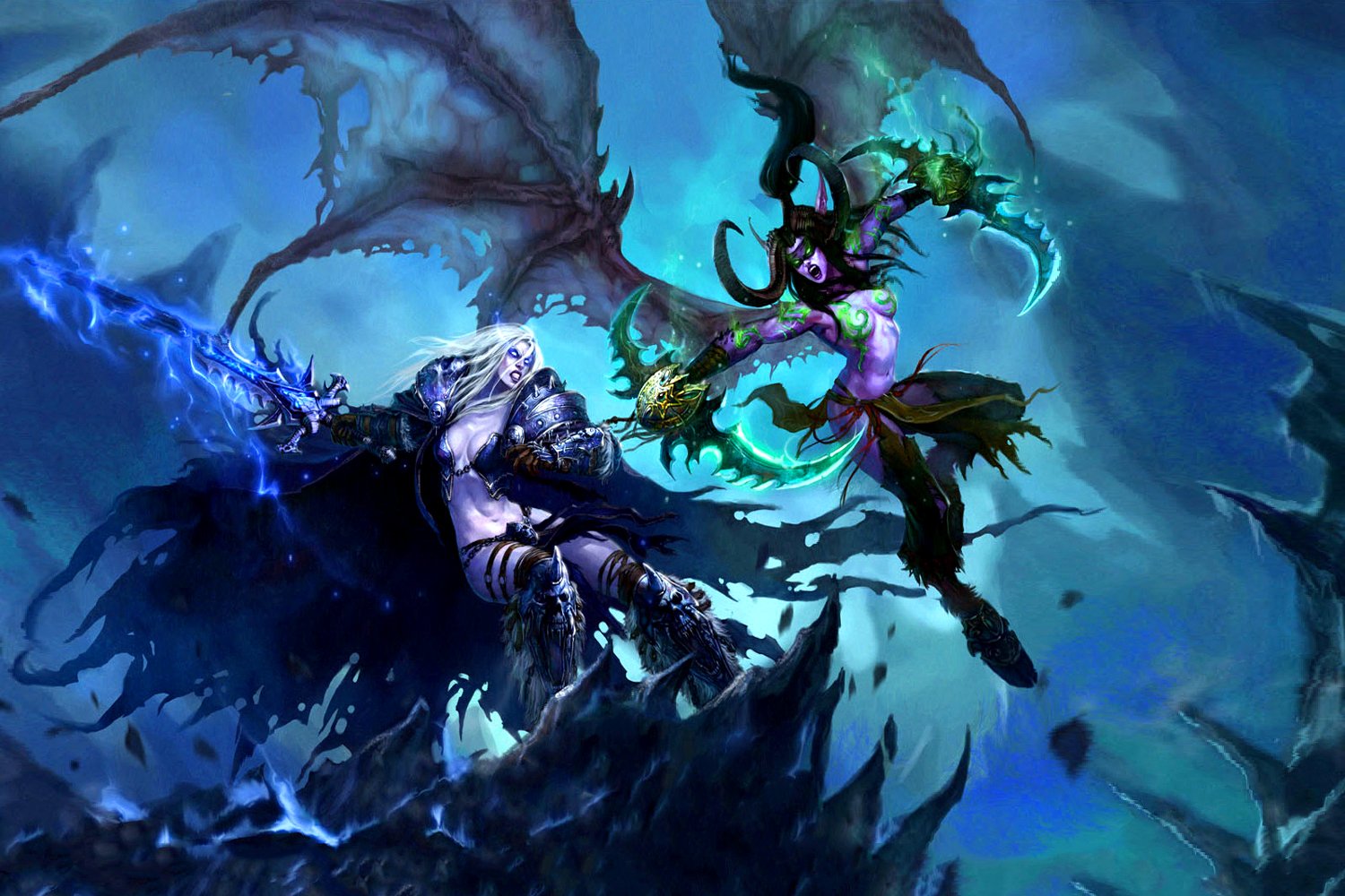 A dramatic scene from the Warcraft video game, featuring a duel between a dark warrior and a powerful, mystical figure, set against a vibrant, otherworldly backdrop.