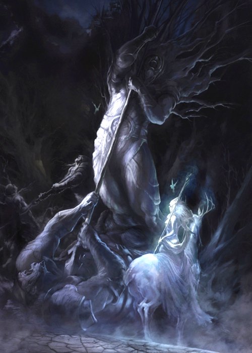 A spectral figure stands tall, surrounded by swirling mist and elemental energy, as a ghostly warrior confronts a majestic creature in a dark, enchanting fantasy setting.
